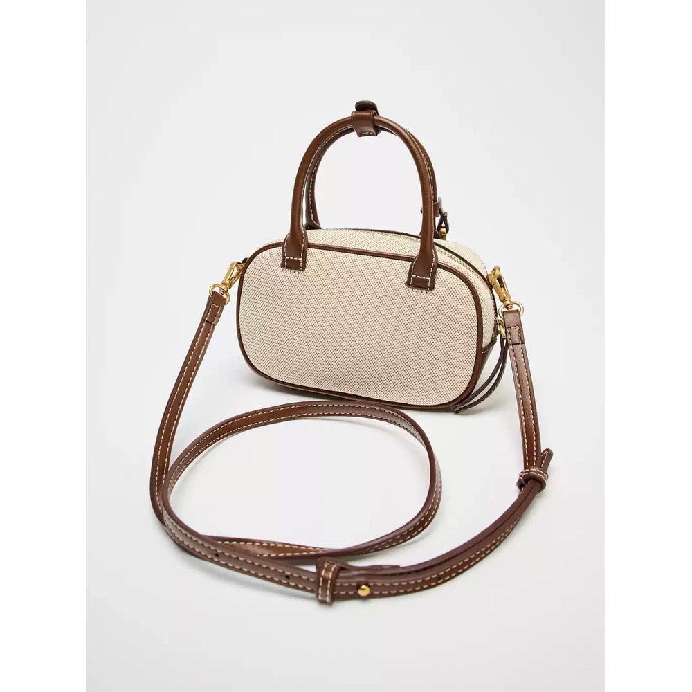 Retro Color Blocking Crossbody Canvas PU Handheld Bag Stylish Small Square Shoulder Bowling Bag 0