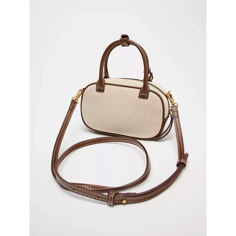 Retro Color Blocking Crossbody Canvas PU Handheld Bag Stylish Small Square Shoulder Bowling Bag 0