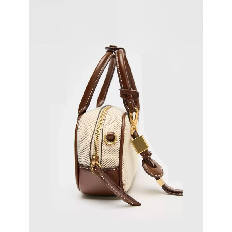 Retro Color Blocking Crossbody Canvas PU Handheld Bag Stylish Small Square Shoulder Bowling Bag 2