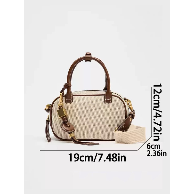 Retro Color Blocking Crossbody Canvas PU Handheld Bag Stylish Small Square Shoulder Bowling Bag 3