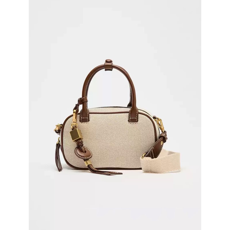 Retro Color Blocking Crossbody Canvas PU Handheld Bag Stylish Small Square Shoulder Bowling Bag 5