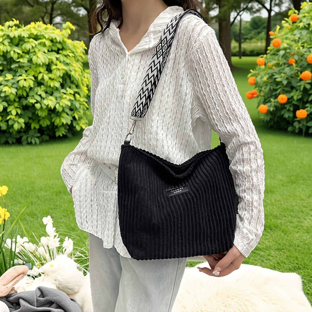 Corduroy Messenger Bag For Women Versatile Shoulder Handbag Crossbody Bag 0