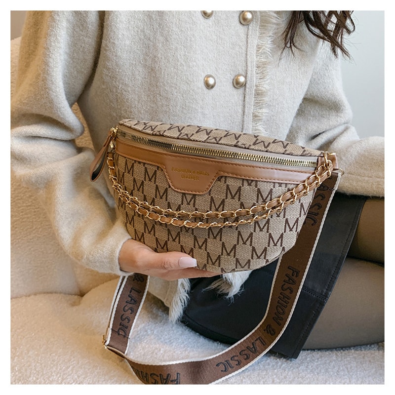 Chic Waist Crossbody Bag With Dual Chain Stylish Chest Bag With Wide Strap 3