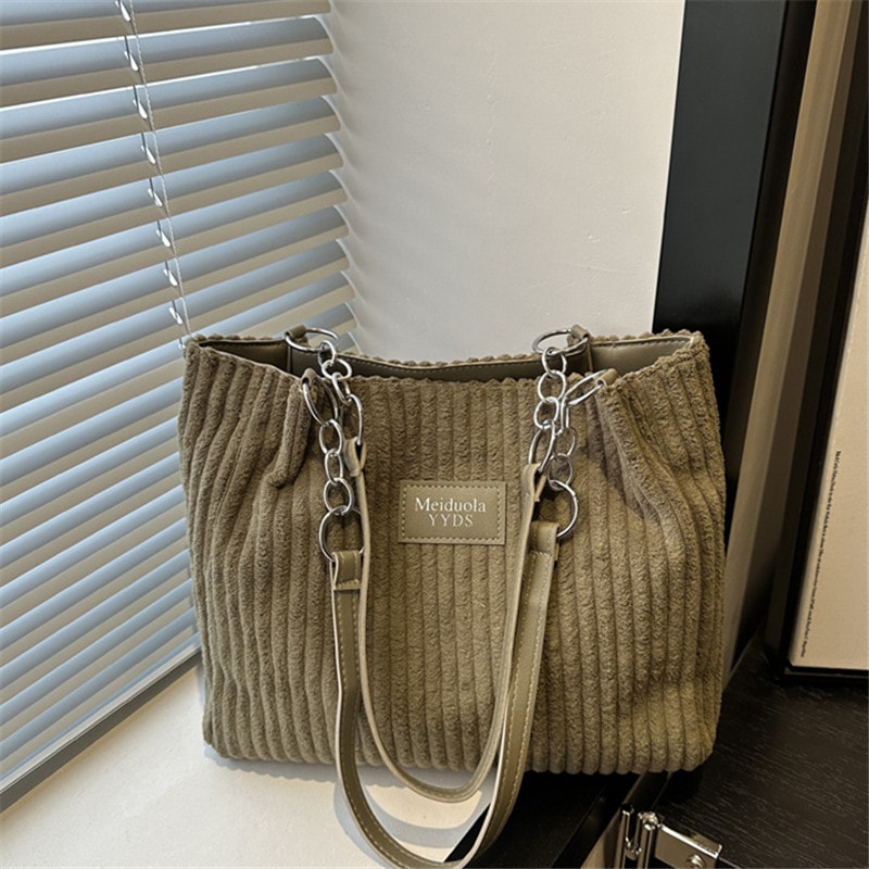 Chic Corduroy Tote Bag For Women Spacious Shoulder Handbag With Trendy Chain Leather Accents 3