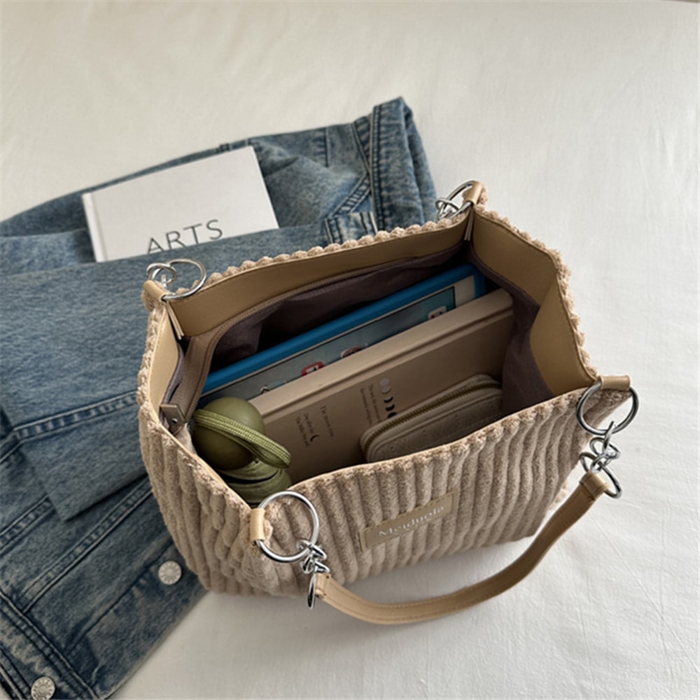 Chic Corduroy Tote Bag For Women Spacious Shoulder Handbag With Trendy Chain Leather Accents 4
