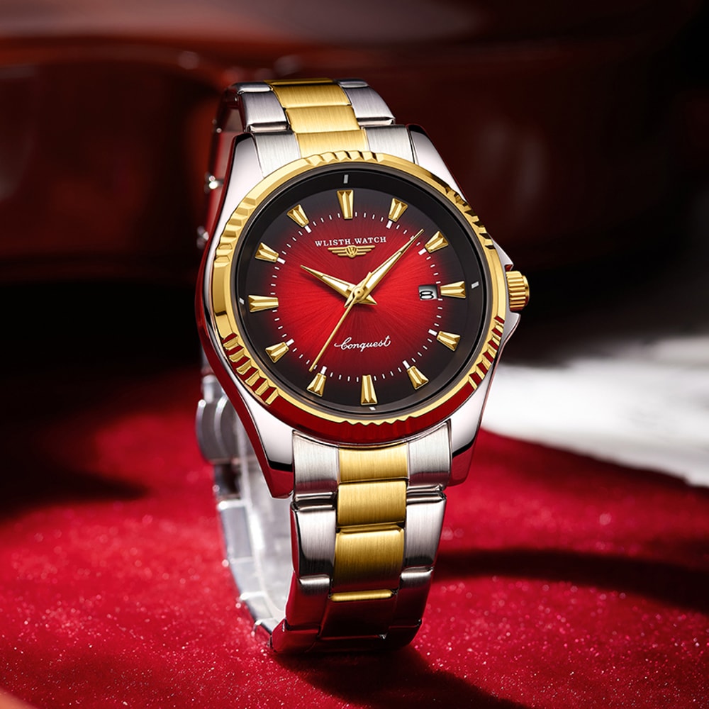 Waterproof Luminous Mens Quartz Watch with Stainless Steel & Leather Strap