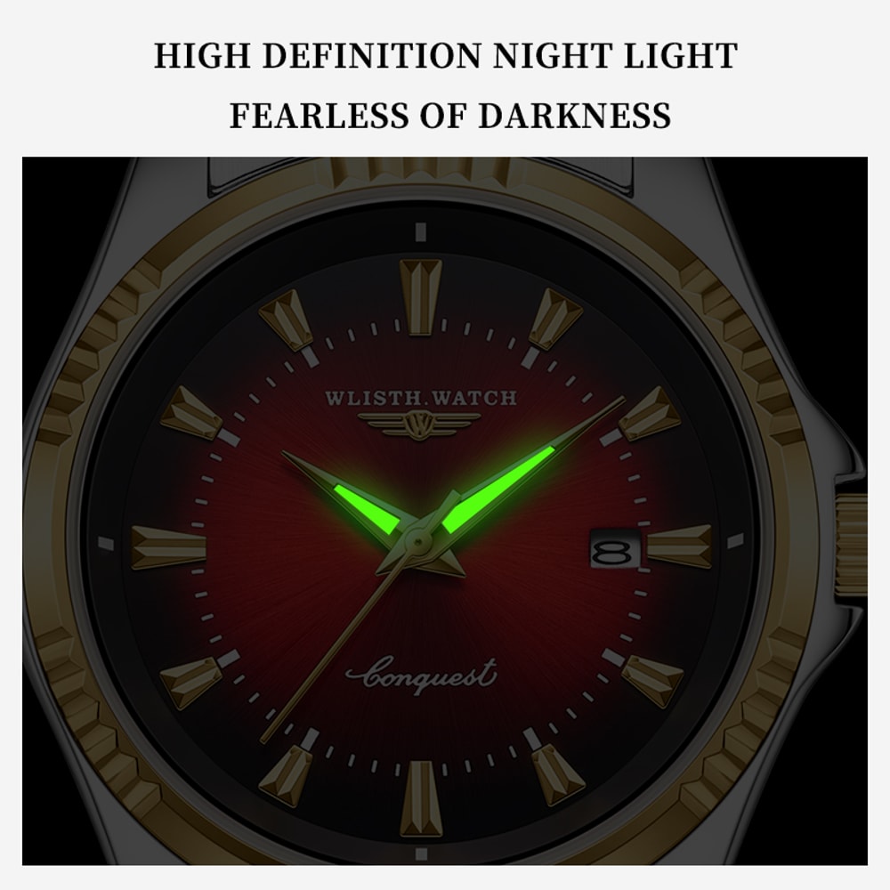 Waterproof Luminous Mens Quartz Watch with Stainless Steel & Leather Strap