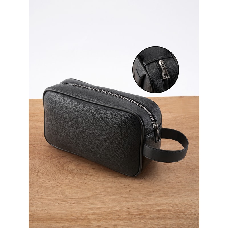 Mens PU Leather Hand Carry Bag Lightweight Textured Design with Detachable Wrist Strap and Zippered Pocket Organizer