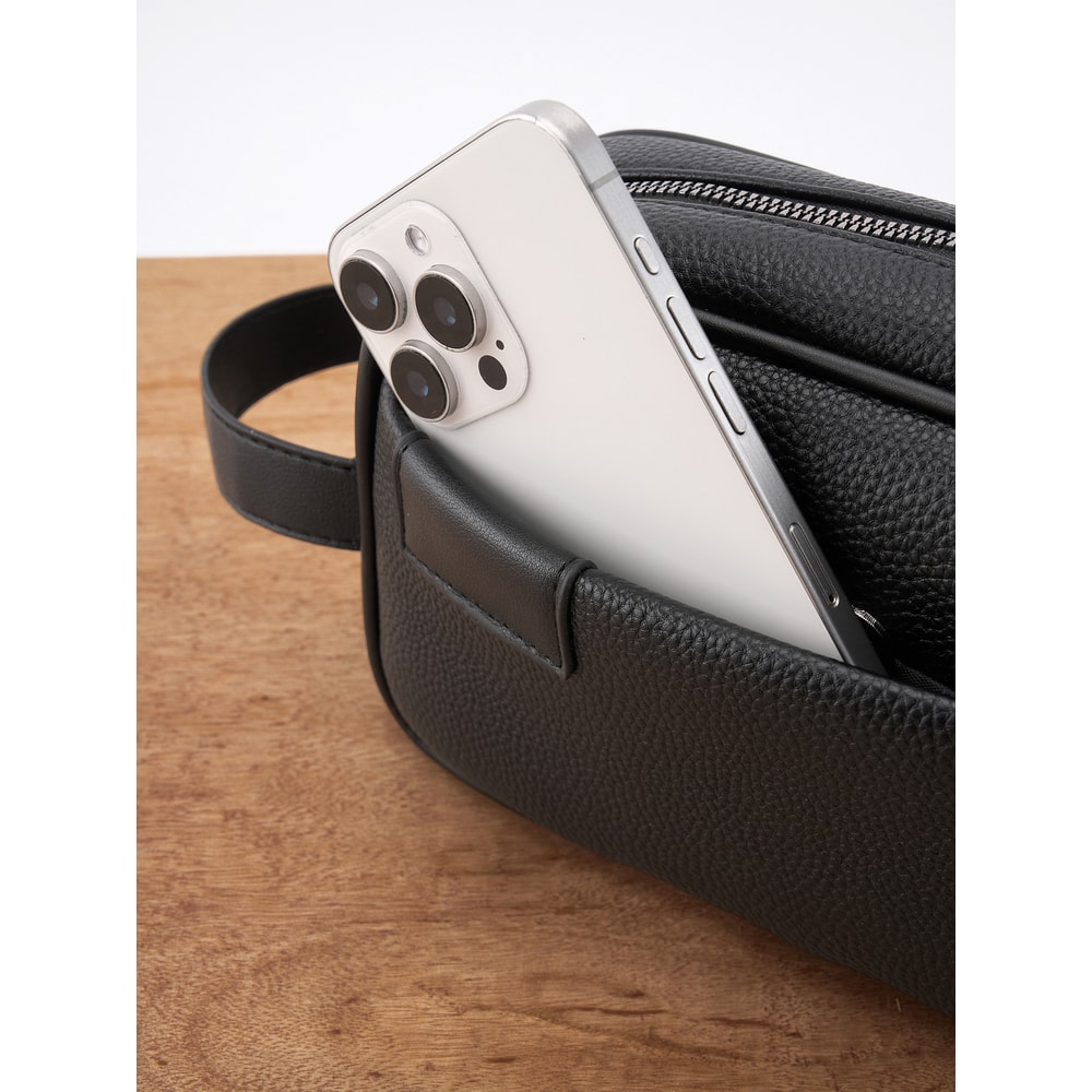 Mens PU Leather Hand Carry Bag Lightweight Textured Design with Detachable Wrist Strap and Zippered Pocket Organizer