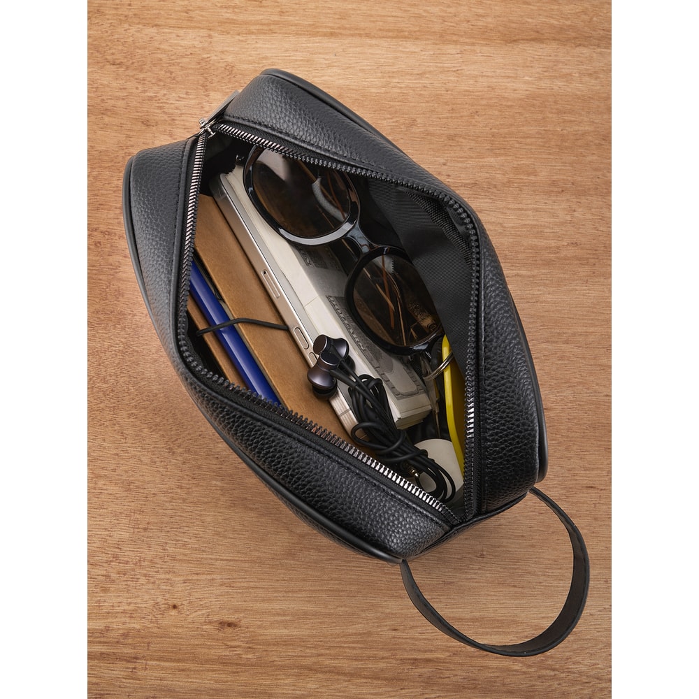 Mens PU Leather Hand Carry Bag Lightweight Textured Design with Detachable Wrist Strap and Zippered Pocket Organizer