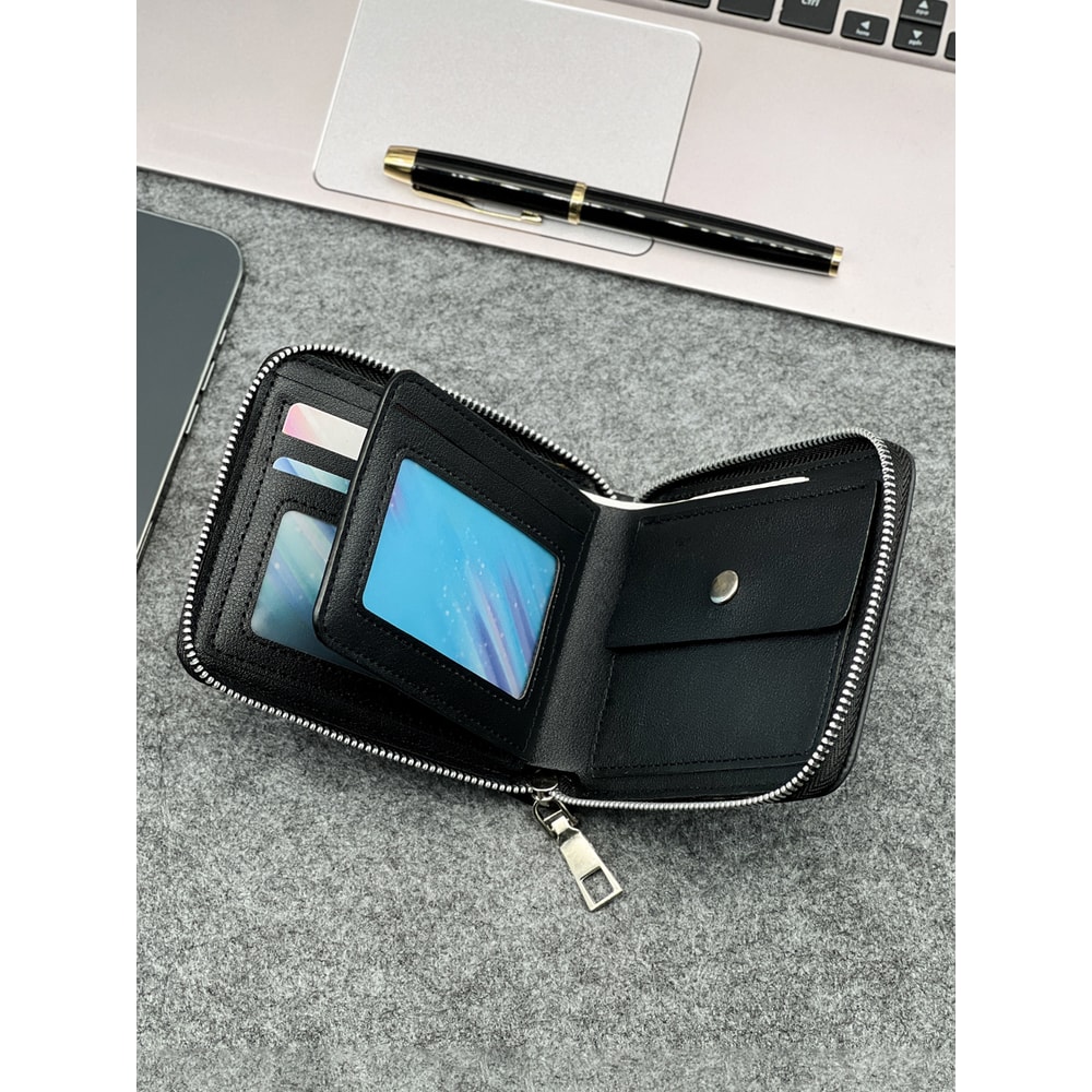 Slim Zippered PU Leather Wallet For Men Compact Coin Card Holder 2