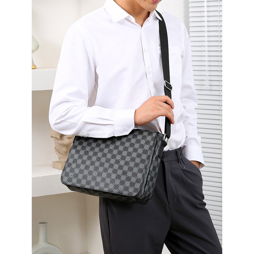 Mens Crossbody Business Briefcase Fashionable Plaid Large Capacity Shoulder Bag 0