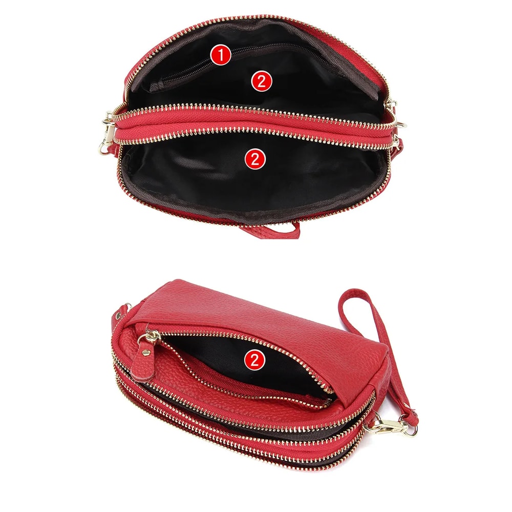 Genuine Leather Women Double Zip Wallet Cowhide Clutch Purse Wristlet Bag Coin Purse For Mobile Ph 3