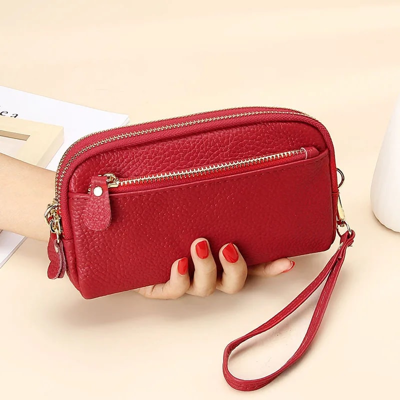 Genuine Leather Women Double Zip Wallet Cowhide Clutch Purse Wristlet Bag Coin Purse For Mobile Ph 5