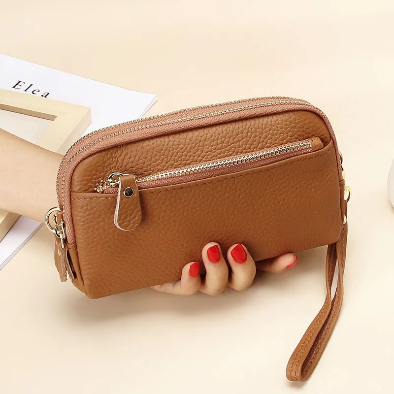 Genuine Leather Women Double Zip Wallet Cowhide Clutch Purse Wristlet Bag Coin Purse For Mobile Ph 6