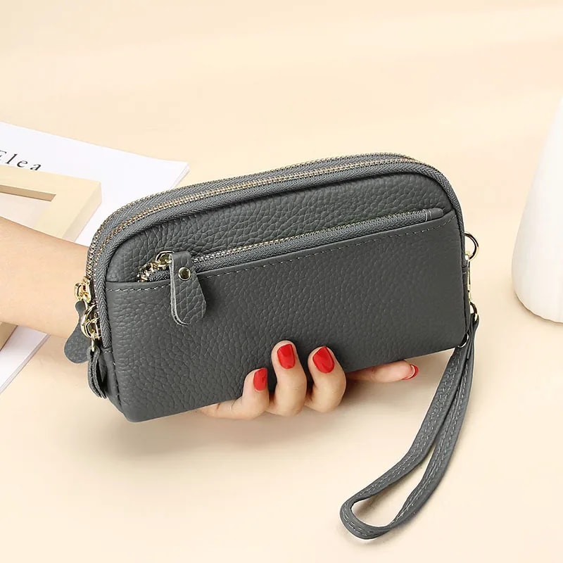 Genuine Leather Women Double Zip Wallet Cowhide Clutch Purse Wristlet Bag Coin Purse For Mobile Ph 8