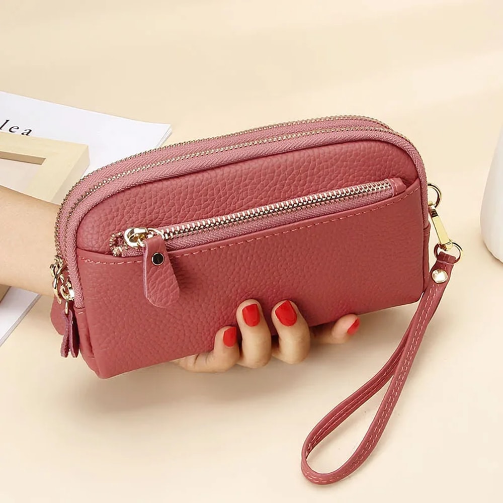Genuine Leather Women Double Zip Wallet Cowhide Clutch Purse Wristlet Bag Coin Purse For Mobile Ph 9
