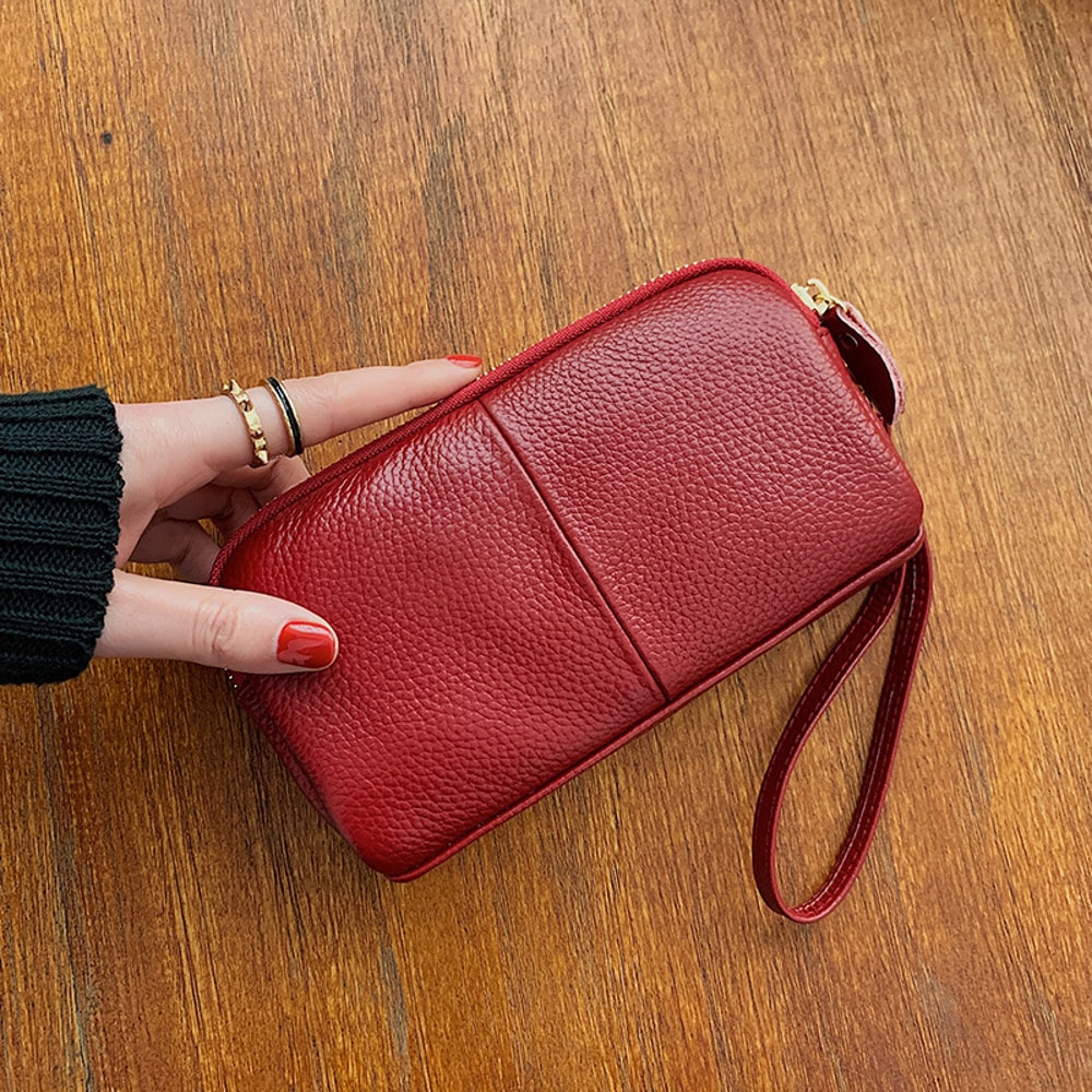 Genuine Leather Womens Wallet With Zipper Clutch For Ladies Cowhide Wristlet Mobile Phone Bag 1
