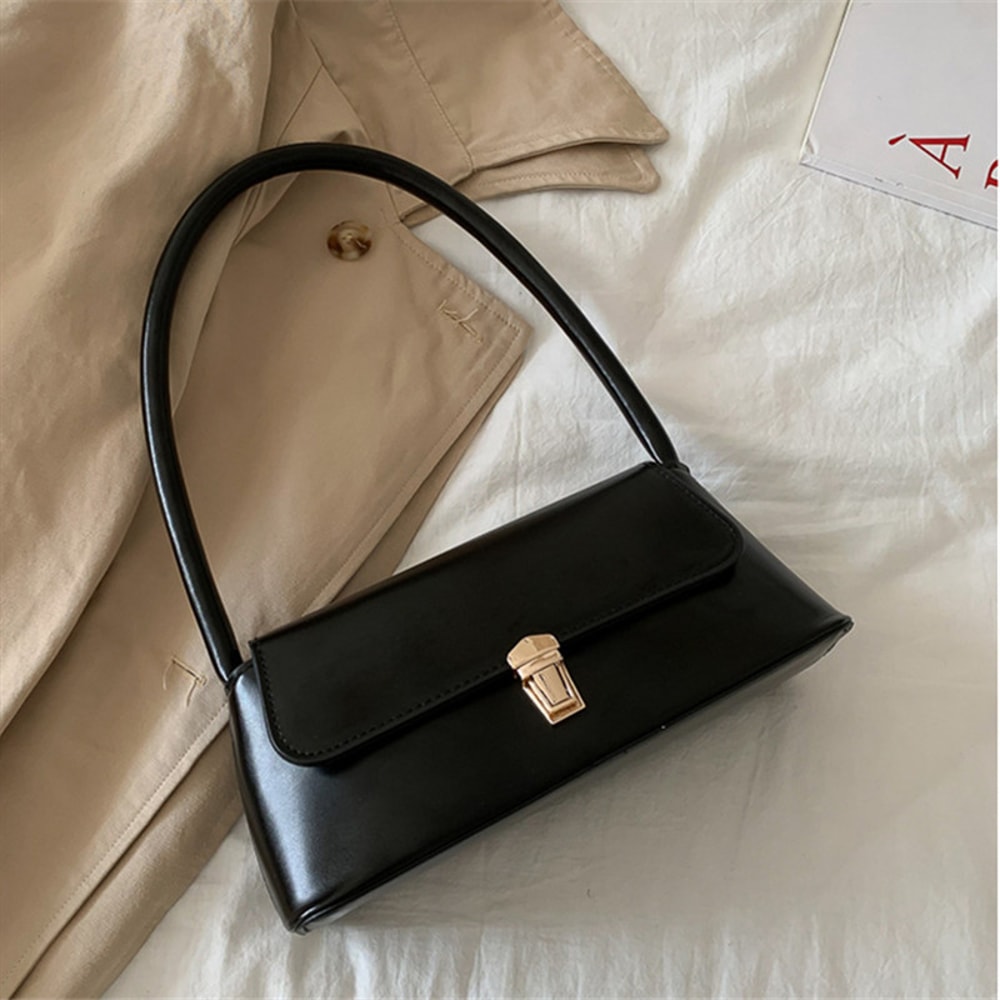 Solid Color Flip Lock PU Leather Handbag For Women Versatile Underarm Baguette Bag Retro AutumnWint 2