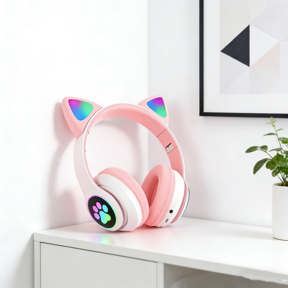 Cute Cat Wireless Headphones RGB Cat Ears Headset with Microphone, Noise Cancelling for Enhanced Sound Experience