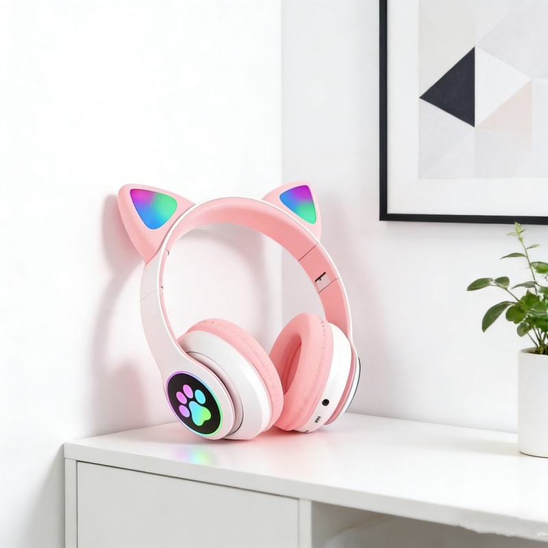 Cute Cat Wireless Headphones RGB Cat Ears Headset with Microphone, Noise Cancelling for Enhanced Sound Experience