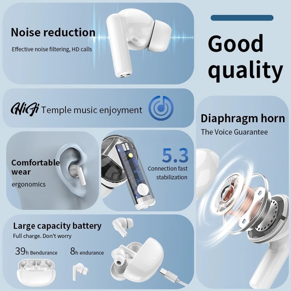 Bluetooth Earphones TWS Touch Control HiFi Wireless Headphones with Mic Noise Reduction Waterproof Game Motion