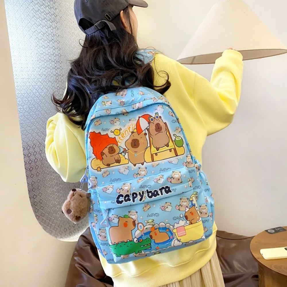 Large Capacity Kawaii Capybara Backpack Trendy Cartoon School Bag For Girls Nylon Stylish Practica 2