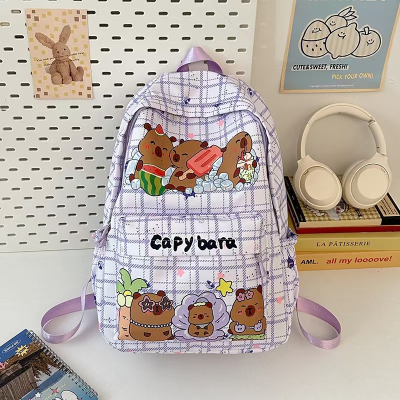 Large Capacity Kawaii Capybara Backpack Trendy Cartoon School Bag For Girls Nylon Stylish Practica 4