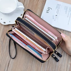womens pu leather double zipper wallet clutch large capacity wristlet phone purse & card holder with money clip