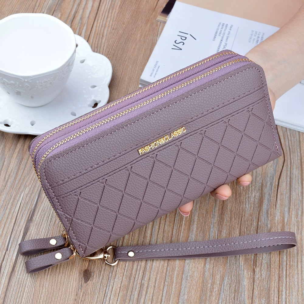 Womens PU Leather Double Zipper Wallet Clutch Large Capacity Wristlet Phone Purse Card Holder With 2