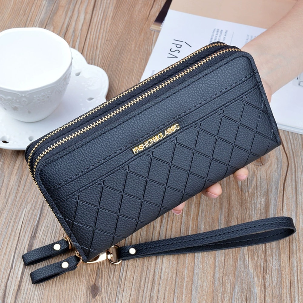 Womens PU Leather Double Zipper Wallet Clutch Large Capacity Wristlet Phone Purse Card Holder With 3