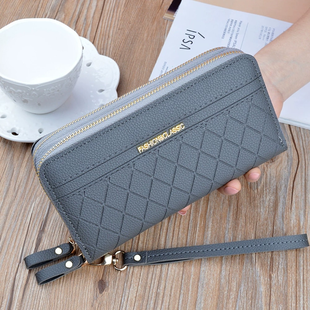 Womens PU Leather Double Zipper Wallet Clutch Large Capacity Wristlet Phone Purse Card Holder With 4