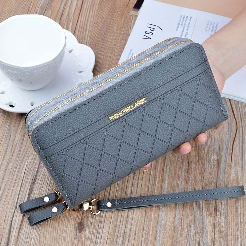 Womens PU Leather Double Zipper Wallet Clutch Large Capacity Wristlet Phone Purse Card Holder With 4
