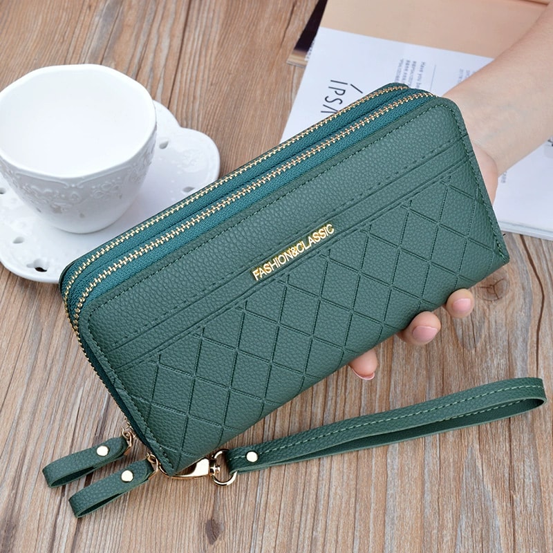 Womens PU Leather Double Zipper Wallet Clutch Large Capacity Wristlet Phone Purse Card Holder With 5
