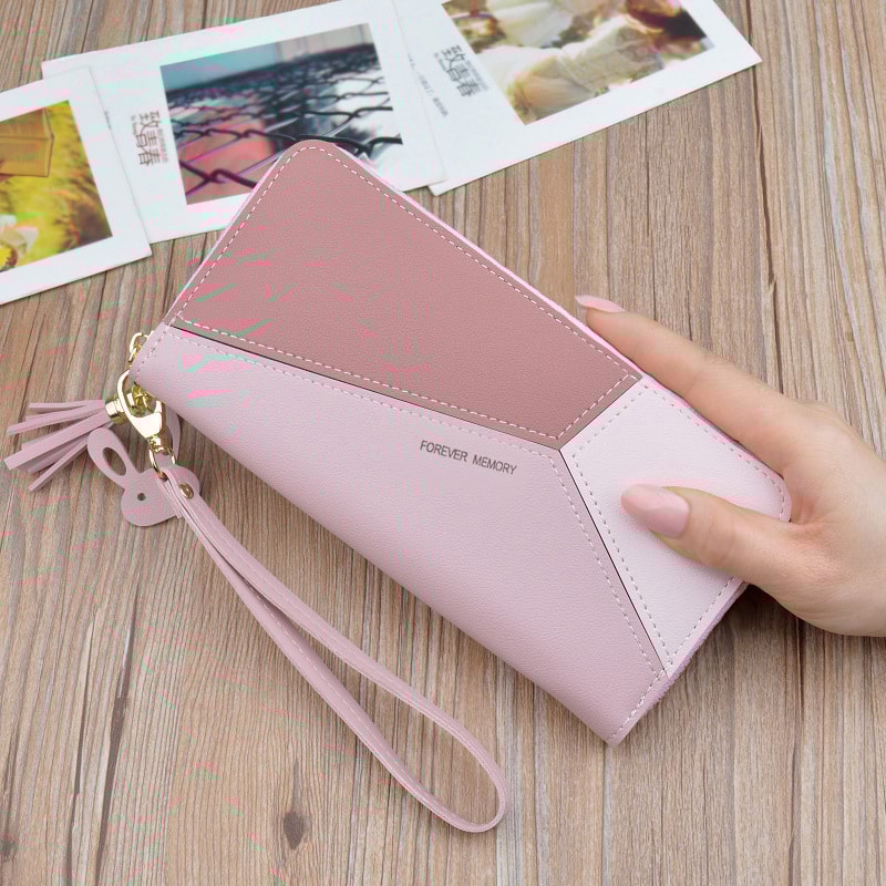 Geometric Leather Tassel Wallet For Women Long Zipper Card Holder With Money Clip 1