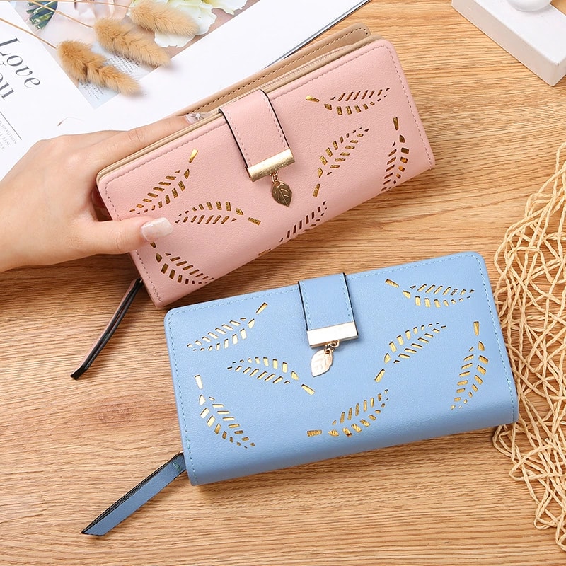 Elegant Womens Long Wallet With Leaf Cutout Design Large Capacity PU Leather Clutch Multi Card Hold 1