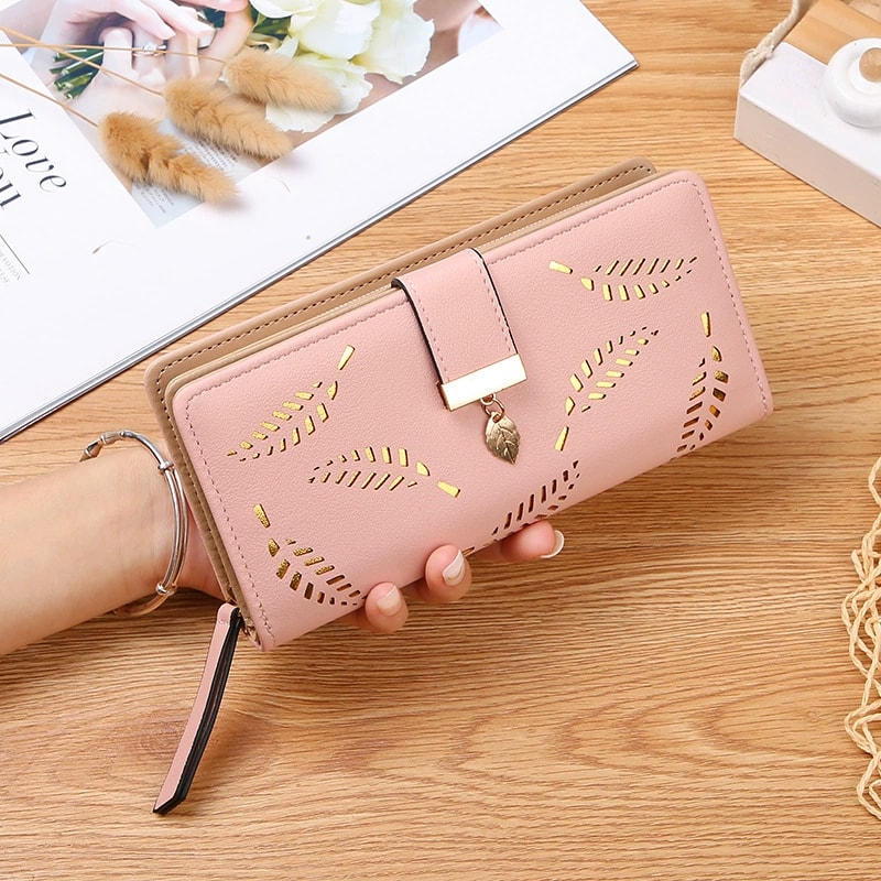 Elegant Womens Long Wallet With Leaf Cutout Design Large Capacity PU Leather Clutch Multi Card Hold 4