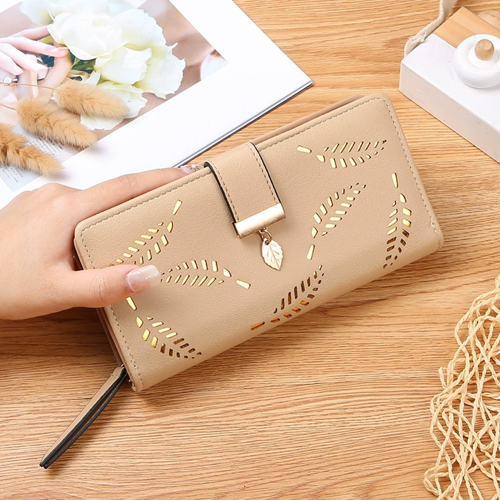 Elegant Womens Long Wallet With Leaf Cutout Design Large Capacity PU Leather Clutch Multi Card Hold 5