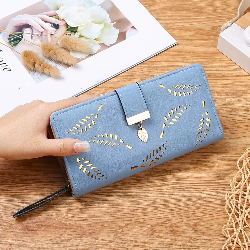 Elegant Womens Long Wallet With Leaf Cutout Design Large Capacity PU Leather Clutch Multi Card Hold 6