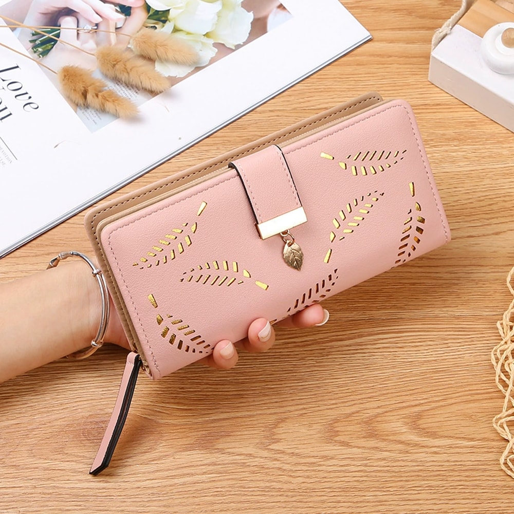 Sleek Womens Long PU Leather Wallet With Intricate Leaf Design Large Capacity Cardholder Clutch 3