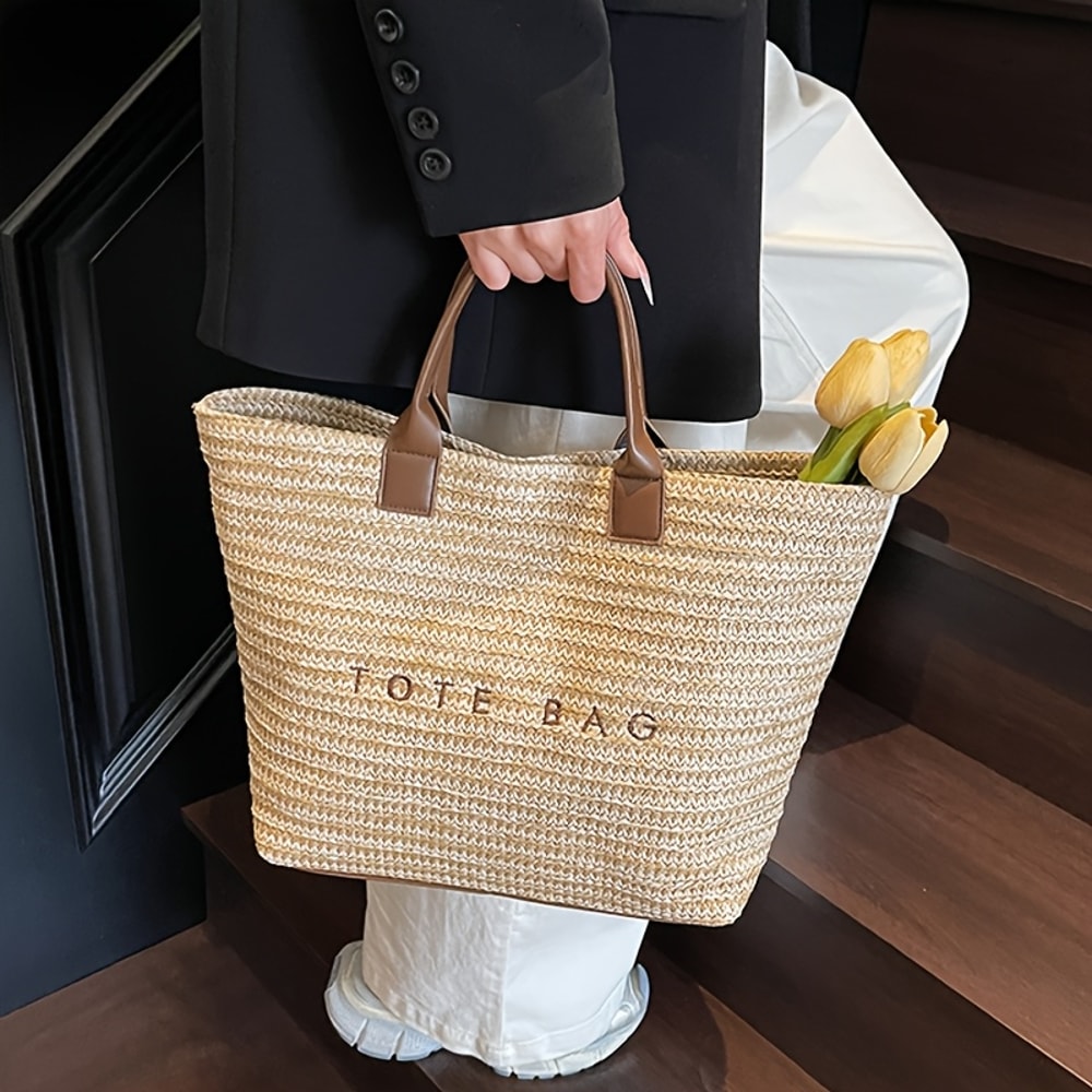 Large Capacity Handheld Woven Tote Bag Stylish Embroidered Casual Grass Handbag For Women Perfect F 0