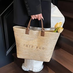 large capacity handheld woven tote bag stylish embroidered casual grass handbag for women perfect for commuting