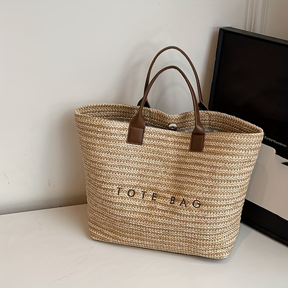 Large Capacity Handheld Woven Tote Bag Stylish Embroidered Casual Grass Handbag For Women Perfect F 4