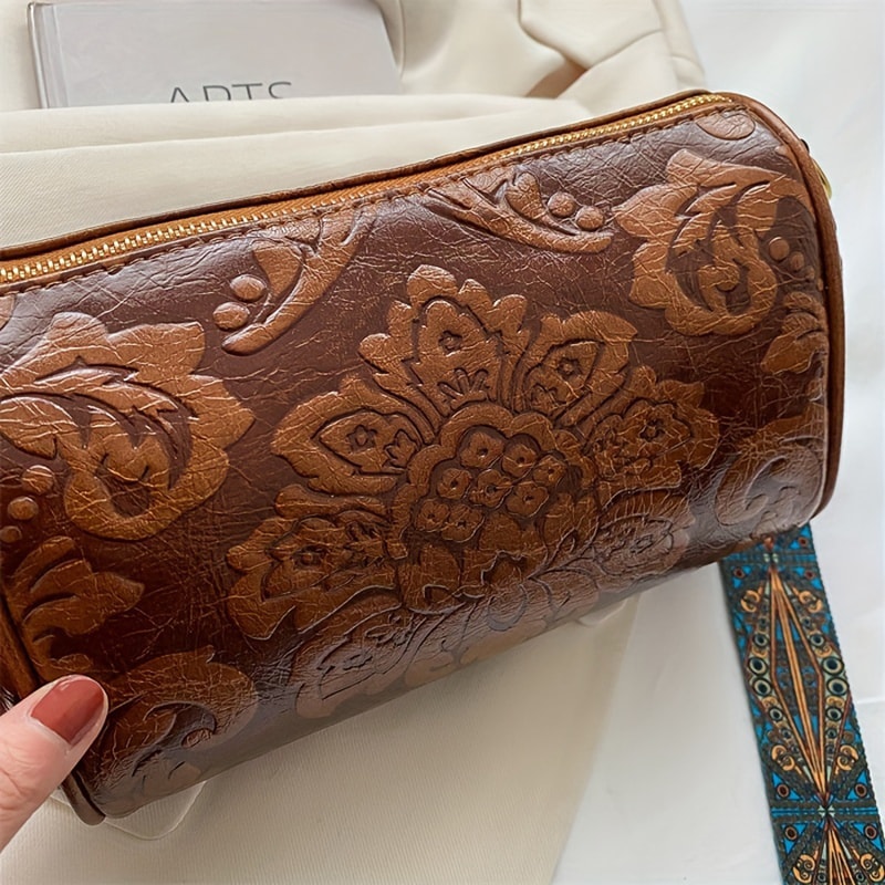 Fashionable Chinese Style Retro Womens Cylindrical Shoulder Crossbody Bag Embossed Chic 3
