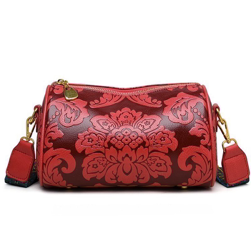 Fashionable Chinese Style Retro Womens Cylindrical Shoulder Crossbody Bag Embossed Chic 9