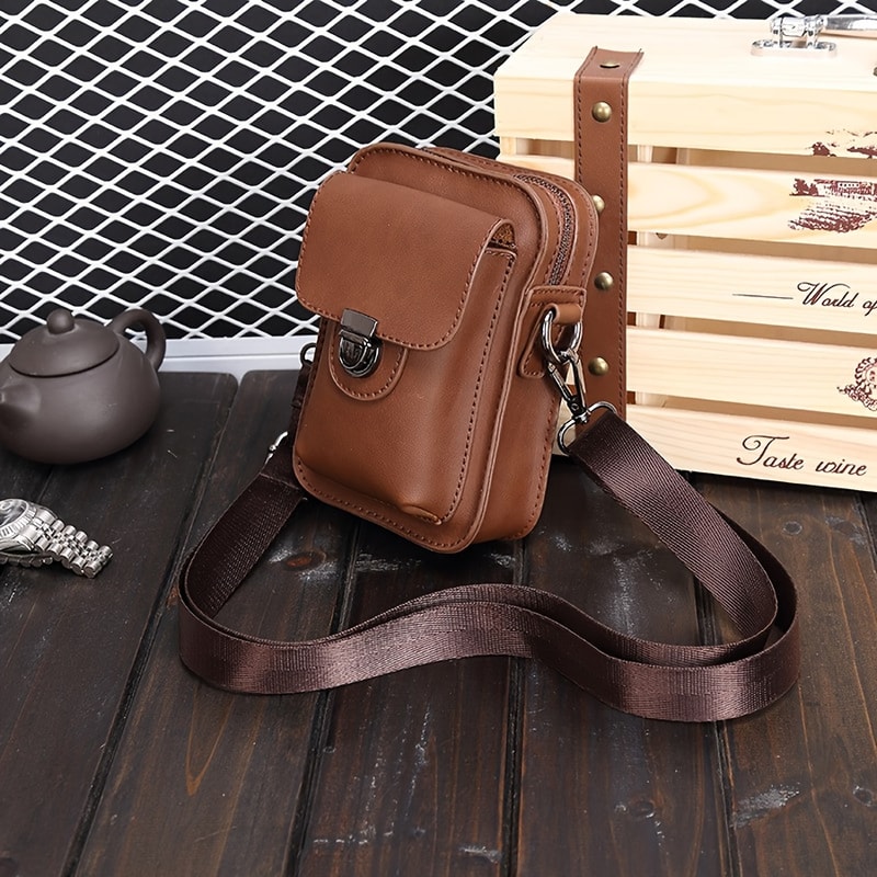 Casual Mens Multifunctional Single Shoulder Crossbody Waist Bag PU Leather Mobile Phone Bag