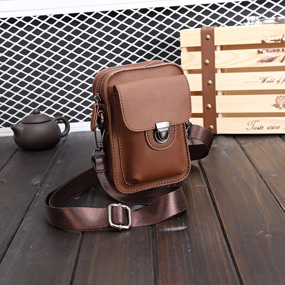 Casual Mens Multifunctional Single Shoulder Crossbody Waist Bag PU Leather Mobile Phone Bag