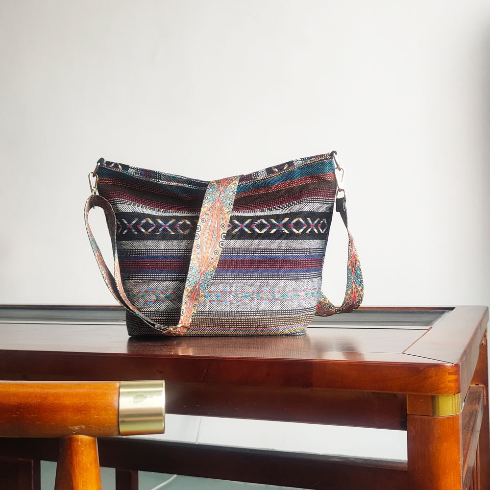 Ethnic Style Women S Bucket Bag Fashionable Crossbody With Wear Resistant Coarse Fabric Stripes 3