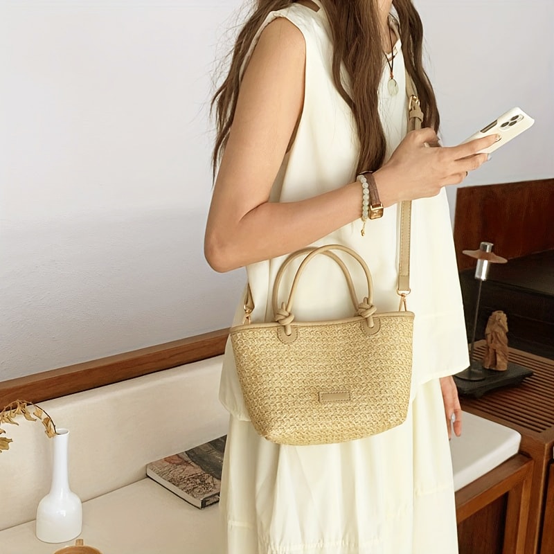 Stylish Woven Beach Bag Handheld Crossbody Rope Knot Bag For Women 0