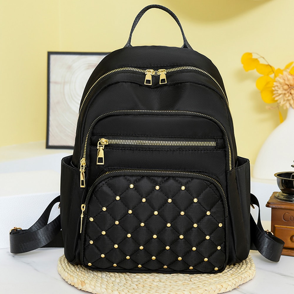 Diamond Check Embroidered Backpack Fashionable Womens Travel Bag with Riveted Detailing